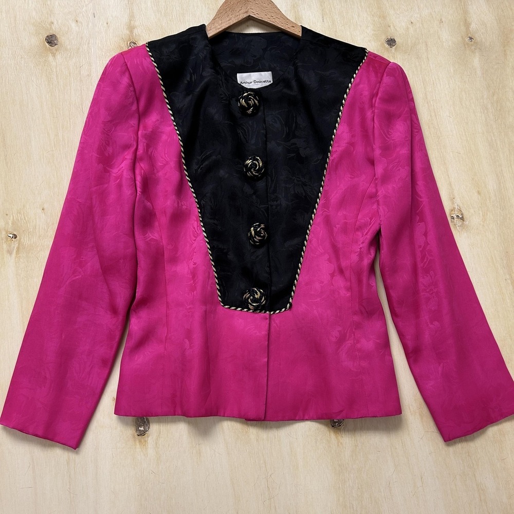 Vintage Arthur Doucette Suit Jacket Womens 6 Pink Black Colorblock Rose Buttons